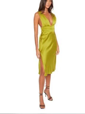 Danielle Guizio High Slit Silk Juniper/Olive Midi Dress (S/2)